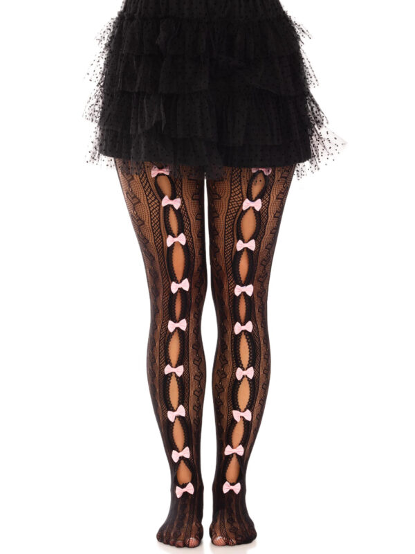 Sweetheart Striped Net Tights With Keyhole and Mini Bow Detail - One Size - Black