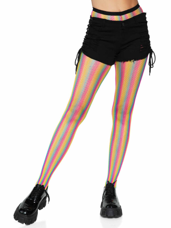 Neon Rainbow Striped Fishnet Tights - One Size - Multicolor