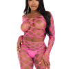 2 Pc Net Crop Top and Footless Tights - One Size - Neon Pink