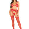 Red 3pc Lace Bra Top, G-String, and Stockings - Os