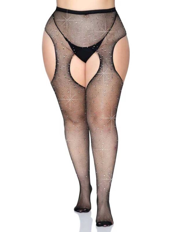 Casey Rhinestone Fishnet Suspender Pantyhose - Queen - Black