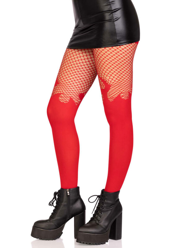 Opaque Flame Tights With Fishnet Top - One Size - Red