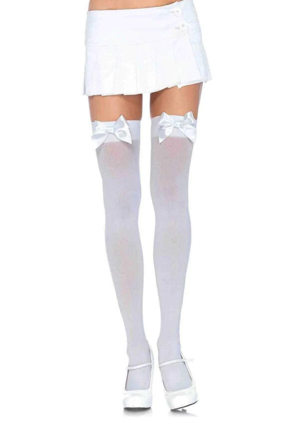 Opaque Thigh Highs With Satin Bow Accent - One Size - White