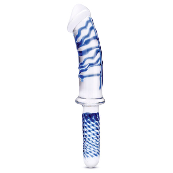 11 Inch Realistic Double Ended Glass Dildo With Handle - Blue/clear