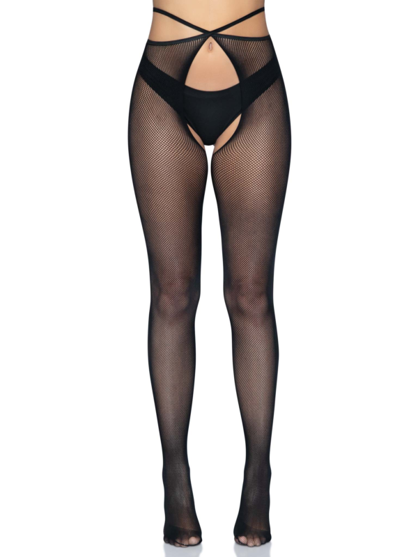 Micro Net Strappy Crotchless Tights - One Size - Black