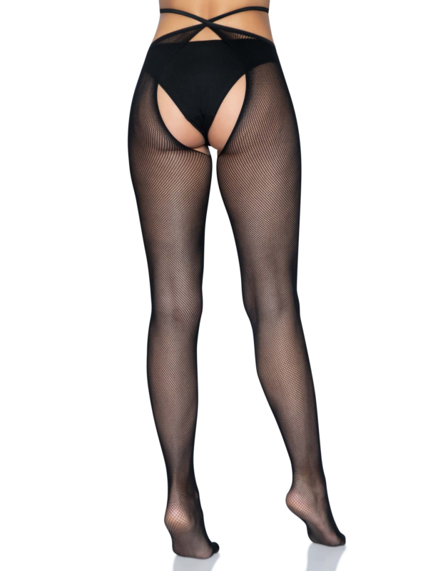 Micro Net Strappy Crotchless Tights - One Size - Black