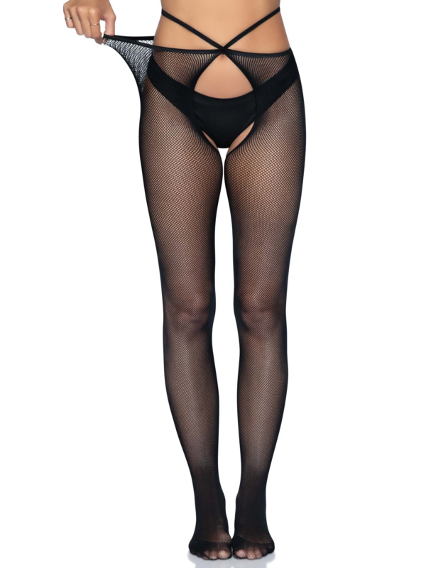 Micro Net Strappy Crotchless Tights - One Size - Black