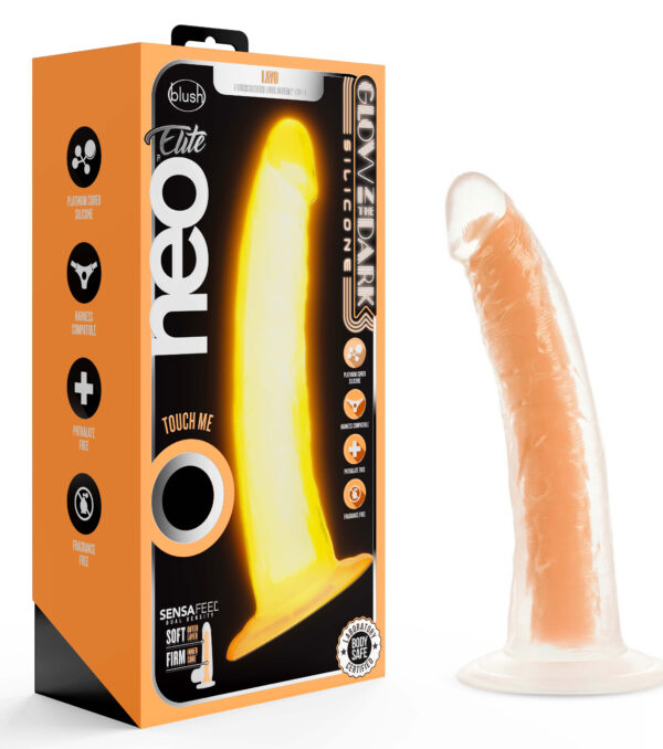 Neo Elite Glow in the Dark - Lavo - 7 Inch Silicone Dual Density Dildo - Neon Orange